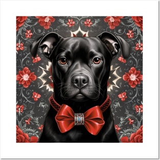 Black Staffy And Red Roses Posters and Art